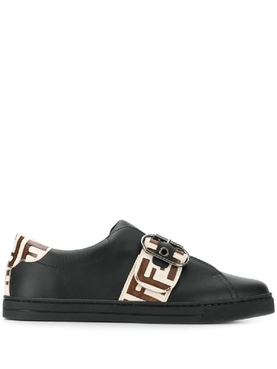 Shop Fendi Leather Trainer With Logo In Black