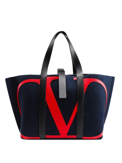Shop Valentino V Logo Denim Tote Bag In Dark Wash