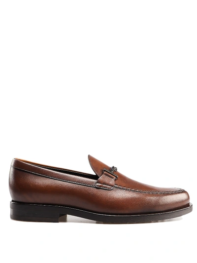 Shop Tod's Double T Leather Loafers In Brown