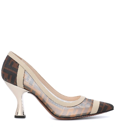 Shop Fendi Leather-trimmed Mesh Pumps In Brown