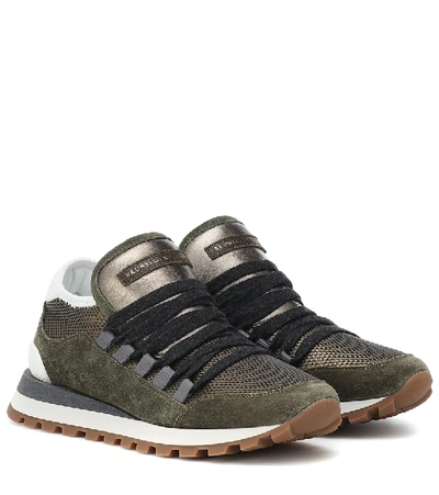 Shop Brunello Cucinelli Mesh, Suede And Leather Sneakers In Green
