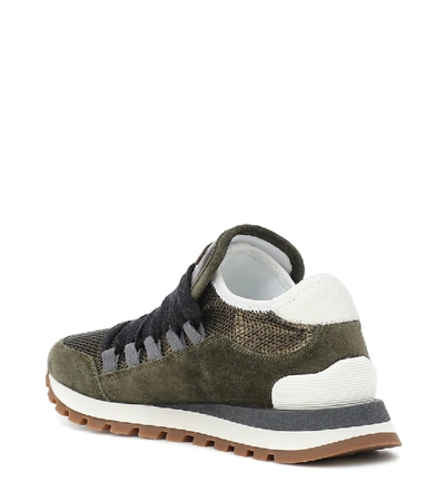 Shop Brunello Cucinelli Mesh, Suede And Leather Sneakers In Green