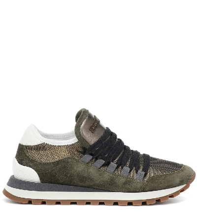 Shop Brunello Cucinelli Mesh, Suede And Leather Sneakers In Green