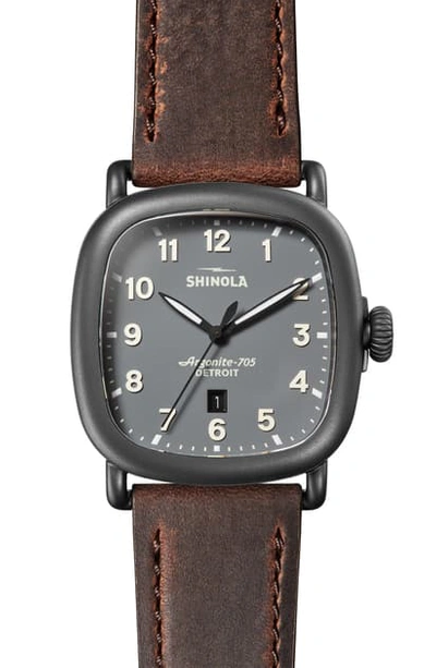 Shop Shinola The Guardian Leather Strap Watch, 41.5mm X 43mm In Brown/ Cool Grey/ Gunmetal