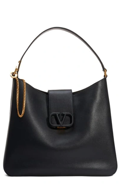 Shop Valentino Vsling Calfskin Hobo Bag In Nero/ Rubin