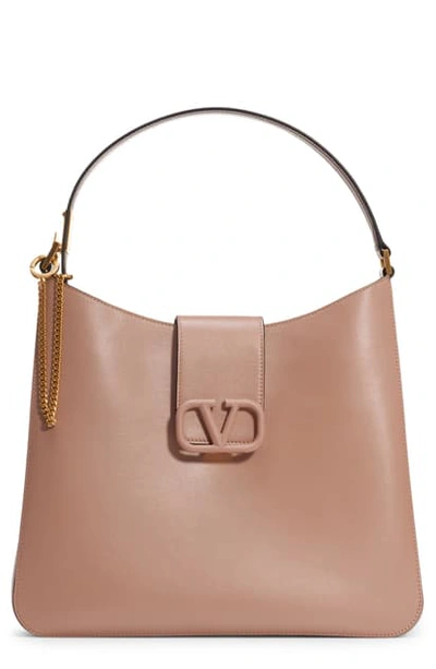 Shop Valentino Vsling Calfskin Hobo Bag In Rose Cannelle/ Pastel Grey