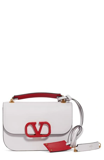 Shop Valentino Small Vlock Chain Calfskin Shoulder Bag In Bianco Ottico/ Rouge Pur