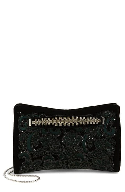 Shop Jimmy Choo Floral Beaded Velvet Clutch In Dark Green/ Black