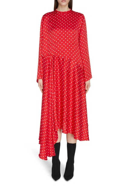 Shop Balenciaga Polka Dot Asymmetrical Long Sleeve Midi Dress In Red/ White