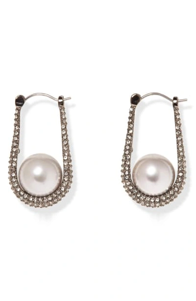 Shop Vince Camuto Small Pave Imitation Pearl Hoop Earrings In Hematite