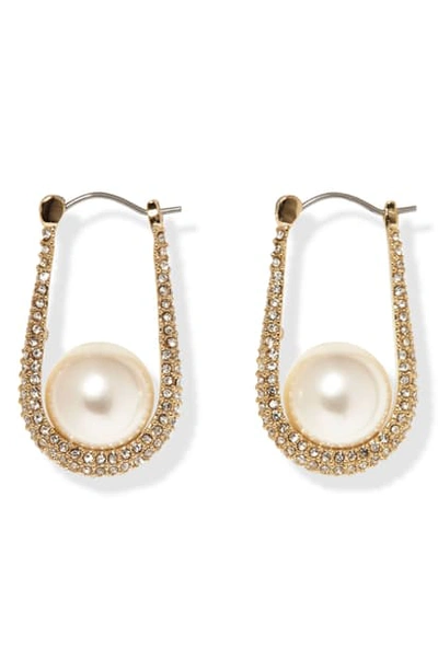 Shop Vince Camuto Small Pave Imitation Pearl Hoop Earrings In Gold