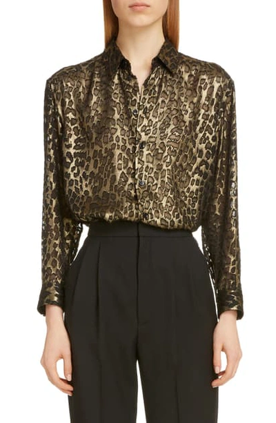 Shop Saint Laurent Metallic Burnout Leopard Shirt In Noir Or Metal