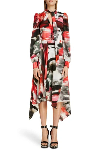 Shop Alexander Mcqueen Rose Print Silk Asymmetrical Long Sleeve Dress In Red