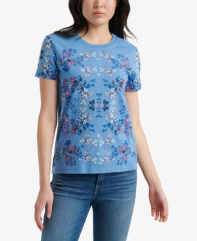 Shop Lucky Brand Cotton Floral-print T-shirt In Blue