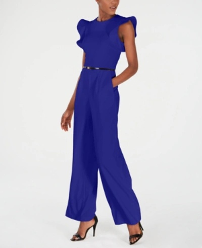 Shop Calvin Klein Belted Ruffle-sleeve Jumpsuit, Regular & Petite Sizes In Ultramarine
