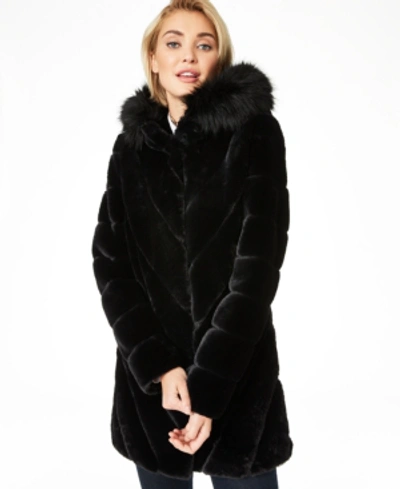 Calvin Klein Petite Hooded Chevron Faux-fur Coat In Black | ModeSens