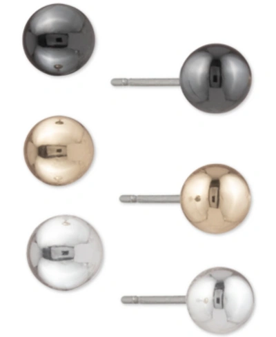 Shop Dkny Tri-tone 3-pc. Set Ball Stud Earrings In Silver