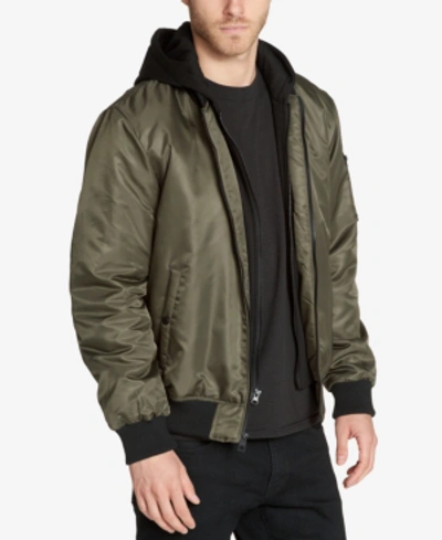 Shop Guess Men's Bomber Jacket With Removable Hooded Inset In Olive