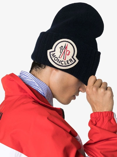 Shop Moncler Blue Berretto Logo Wool Hat