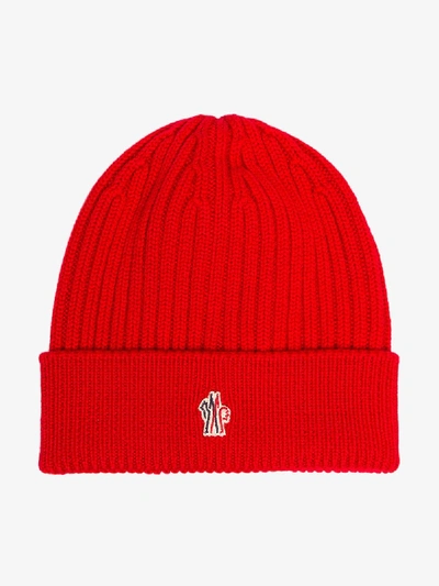 Shop Moncler Grenoble Red Logo Knit Beanie Hat