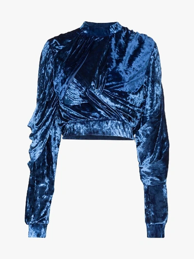 Shop Y/project Draped Velvet Cropped Sweatshirt In Blue