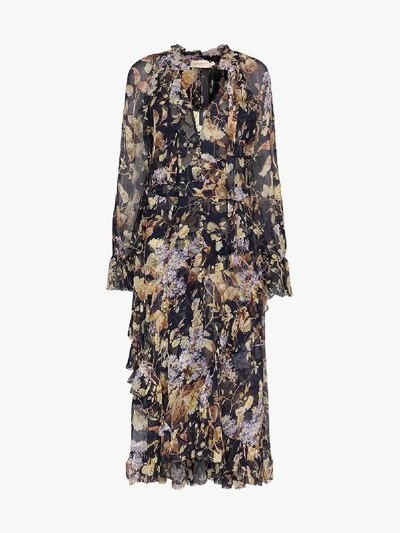 Shop Zimmermann Midnight Wisteria Floral Midi Dress In Blue