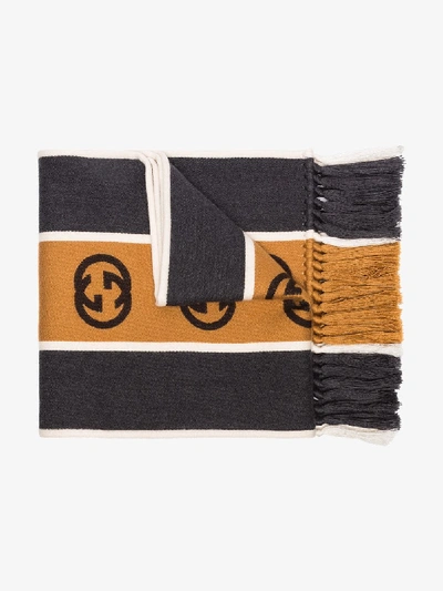 Shop Gucci Grey And Brown Striped Gg Scarf