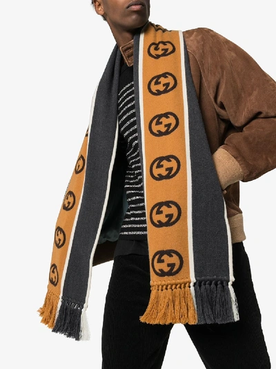 Shop Gucci Grey And Brown Striped Gg Scarf