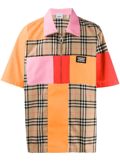 Shop Burberry House Check Colour Block Bowling Shirt - Neutrals