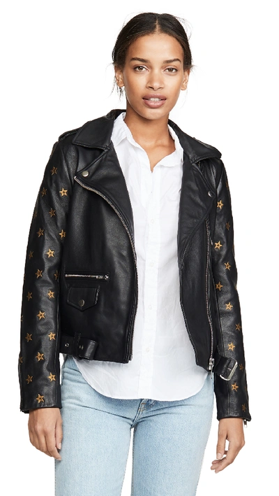 Scotch & Soda/maison Scotch Leather Embroidered Star Sleeve Biker Jacket In  Black | ModeSens