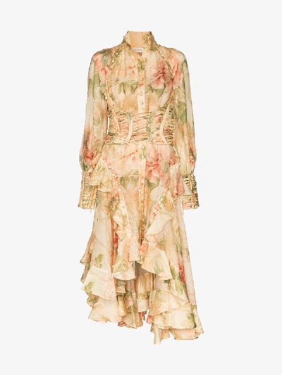 Shop Zimmermann Floral Asymmetric Corset Dress In Neutrals