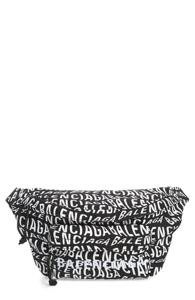 Shop Balenciaga Wheel Allover Logo Nylon Belt Bag In Black/white