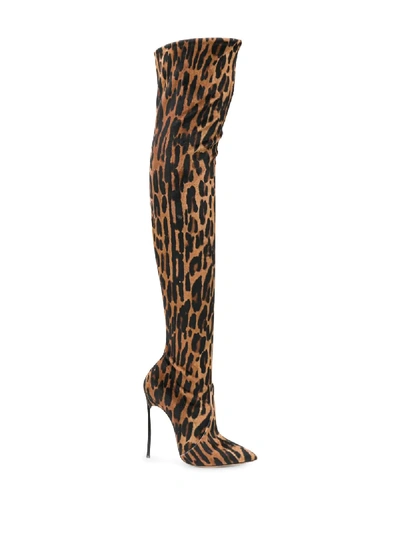 Shop Casadei Over The Knee Animal Print Boots In Brown