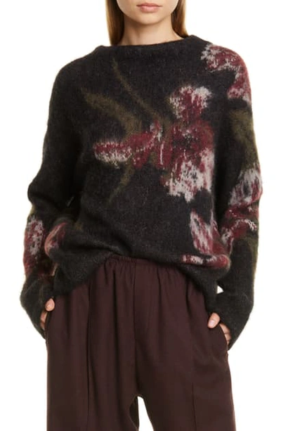 Shop Vince Floral Funnel Neck Brushed Mohair Blend Sweater In Black/ Dahlia Wine