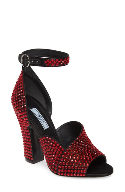 Shop Prada Crystal Ankle Strap Peep Toe Pump In Black/ Red