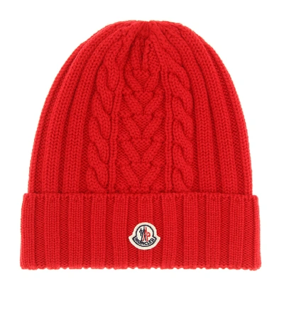 Shop Moncler Cable-knit Wool Beanie In Red