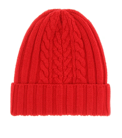 Shop Moncler Cable-knit Wool Beanie In Red