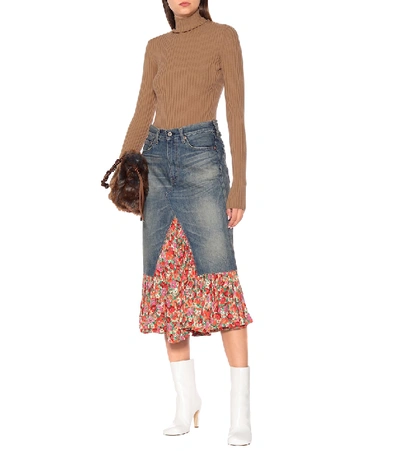 Shop Junya Watanabe Floral Crêpe-trimmed Denim Skirt In Blue