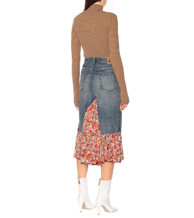 Shop Junya Watanabe Floral Crêpe-trimmed Denim Skirt In Blue