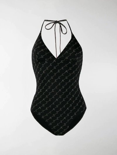 Shop Stella Mccartney Logo Print Swimsuit In Black