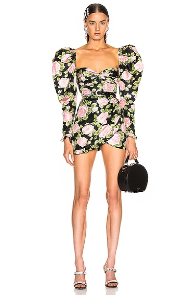 Shop Alessandra Rich Rose Print Puff Sleeve Mini Dress In Black,floral,pink In Black & Pink