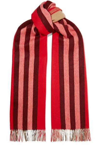 Shop Burberry Fringed Striped Cashmere Scarf In Red