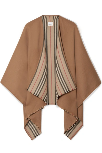 Shop Burberry Reversible Striped Wool Wrap In Camel