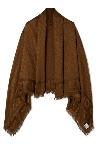 Shop Burberry Fringed Silk And Wool-blend Jacquard Scarf In Chocolate