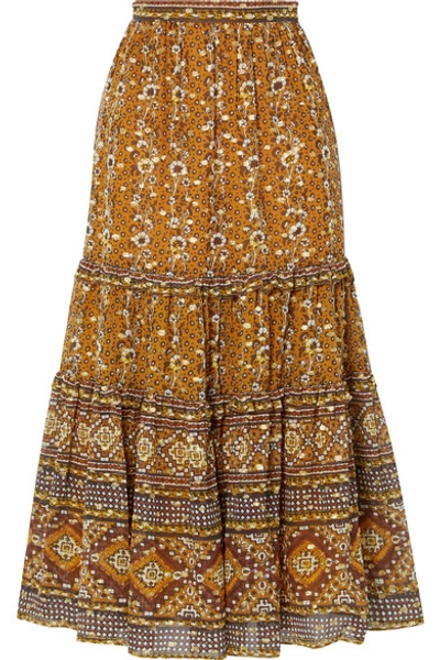 Shop Ulla Johnson Thea Printed Fil Coupé Silk And Lurex-blend Midi Skirt In Brown
