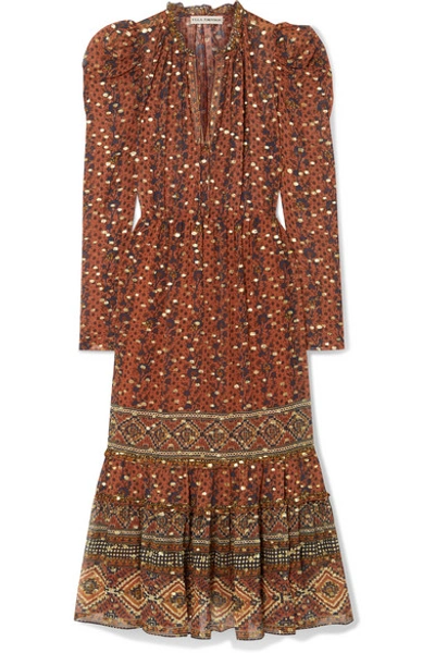 Shop Ulla Johnson Alessandra Printed Fil Coupé Silk And Lurex-blend Midi Dress In Brick