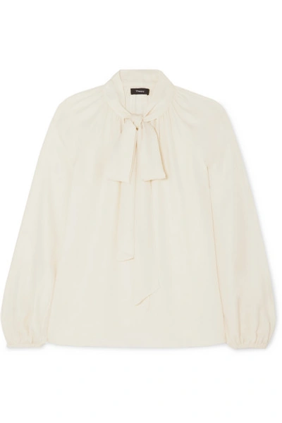 Shop Theory Pussy-bow Silk-crepe Blouse In Ivory