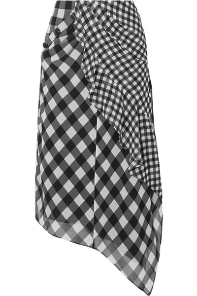 Shop Self-portrait Asymmetric Draped Gingham Chiffon Midi Skirt In Black