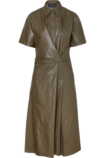 Shop Cedric Charlier Glossed Faux Leather Midi Dress In Army Green