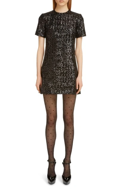 Shop Saint Laurent Shimmer Sequin Short Sleeve Minidress In Noir